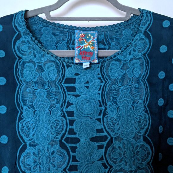 Johnny Was Analusia Embroidered Tunic Top Emerald Green Polka Dot Size S - Picture 5 of 10